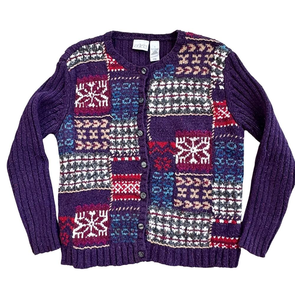 Vtg 1990s Villager Sport Wool Blend Sweater Cardigan Patchwork Size Large